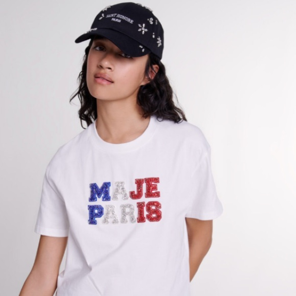 MAJE Paris White T-Shirt with Embellished Logo, NWT